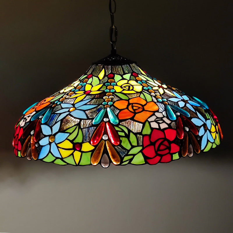 European Style Tiffany Dome Stained Glass Dragonfly Flower 2-Light Chandelier