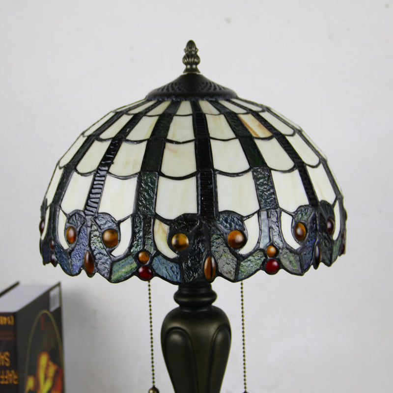 Vintage Tiffany Baroque Stained Glass Dome Pull Cord 1-Light Table Lamp