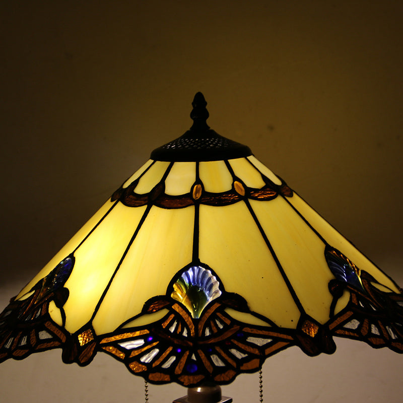 Lámpara de mesa de 2 luces con cordón de tiro en forma de cono de vidrio teñido estilo Tiffany Mediterráneo 
