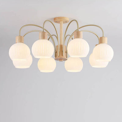 Modern Cream Round Lantern Iron Solid Wood Glass 6/8 Light Chandelier