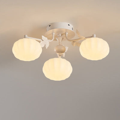 Nordic Cream Pumpkin Round Shade Branch 3-Light Semi-Flush Mount Ceiling Light