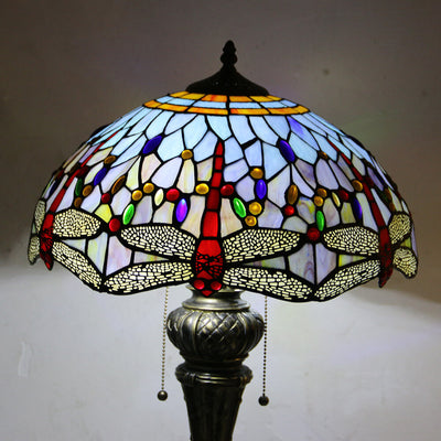 European Vintage Tiffany Dragonfly Peacock Glass Resin 1-Light Table Lamp