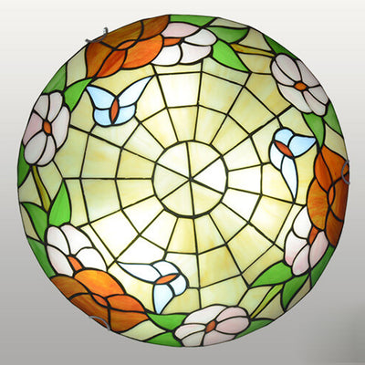 European Tiffany Round Flower Stained Glass 2/3 Light Flush Mount Ceiling Light