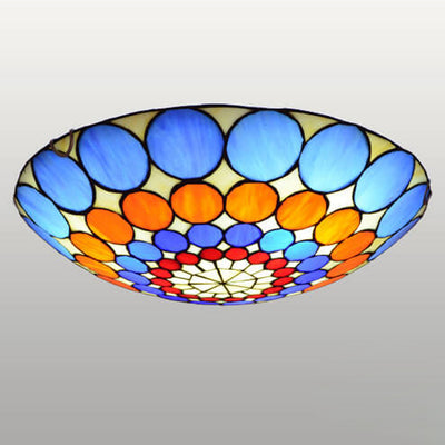 European Tiffany Round Flower Stained Glass 2/3 Light Flush Mount Ceiling Light