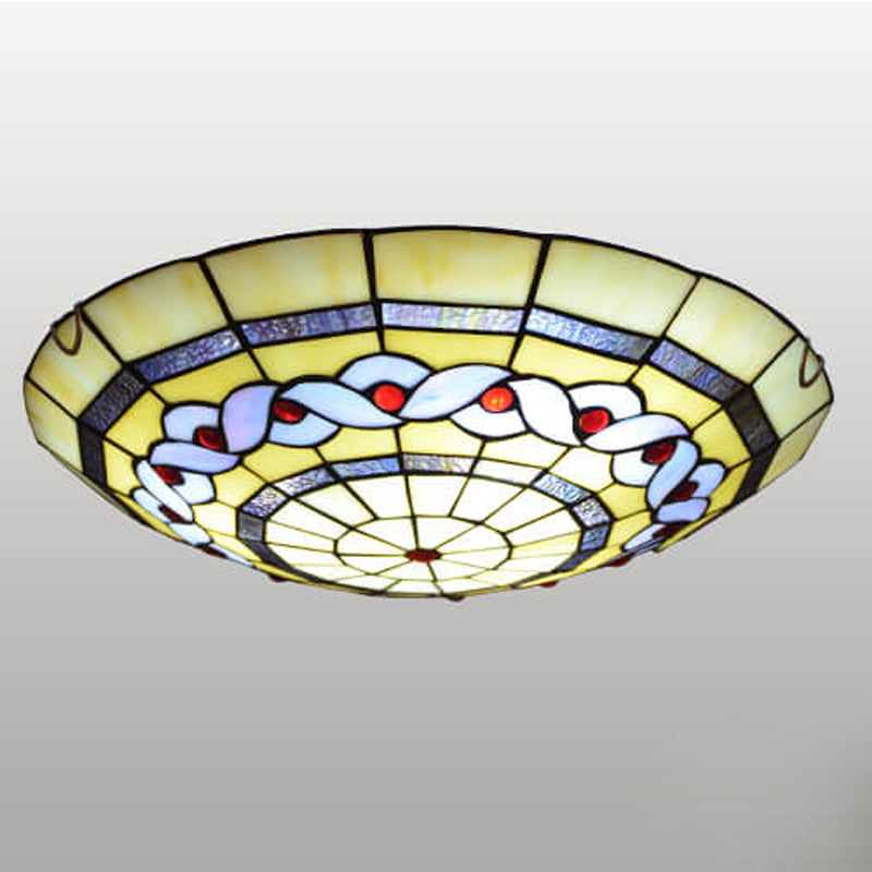 European Tiffany Round Flower Stained Glass 2/3 Light Flush Mount Ceiling Light