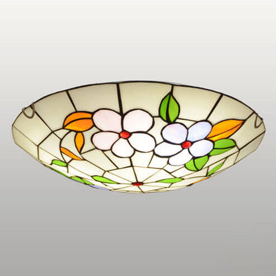 European Tiffany Round Flower Stained Glass 2/3 Light Flush Mount Ceiling Light