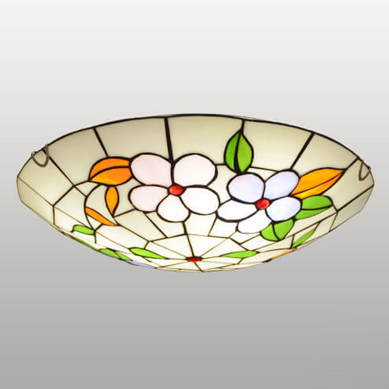 European Tiffany Round Flower Stained Glass 2/3 Light Flush Mount Ceiling Light