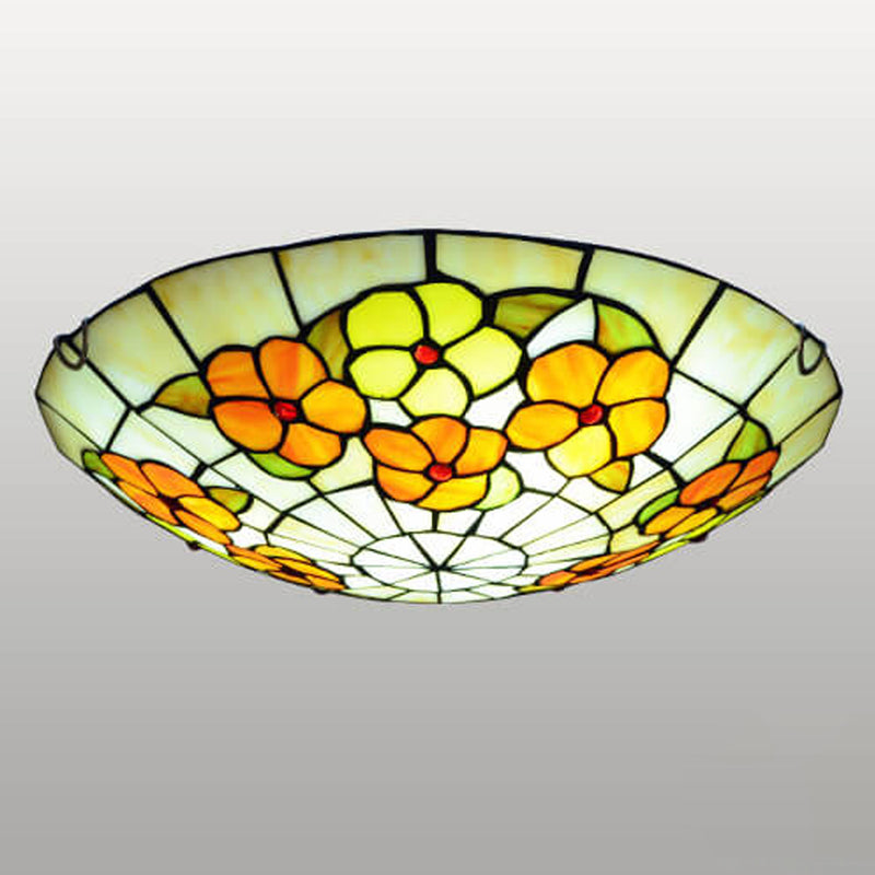 European Tiffany Round Flower Stained Glass 2/3 Light Flush Mount Ceiling Light