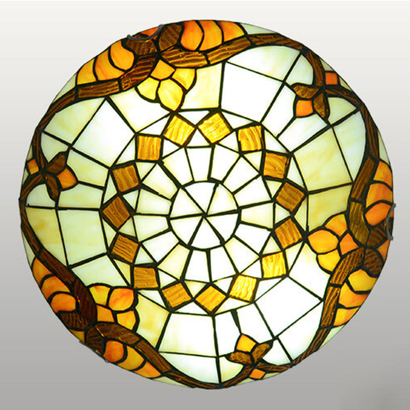 European Tiffany Round Flower Stained Glass 2/3 Light Flush Mount Ceiling Light