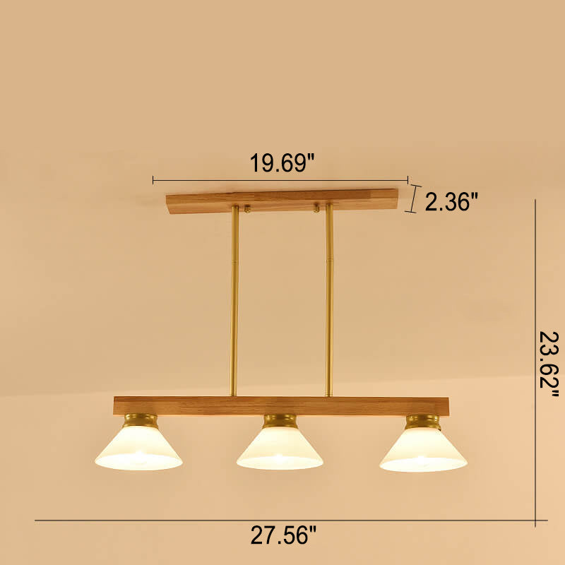 Lámpara de Araña de Isla de 3/4 Luces con Pantalla de Vidrio Cónica de Madera Maciza Nórdica 