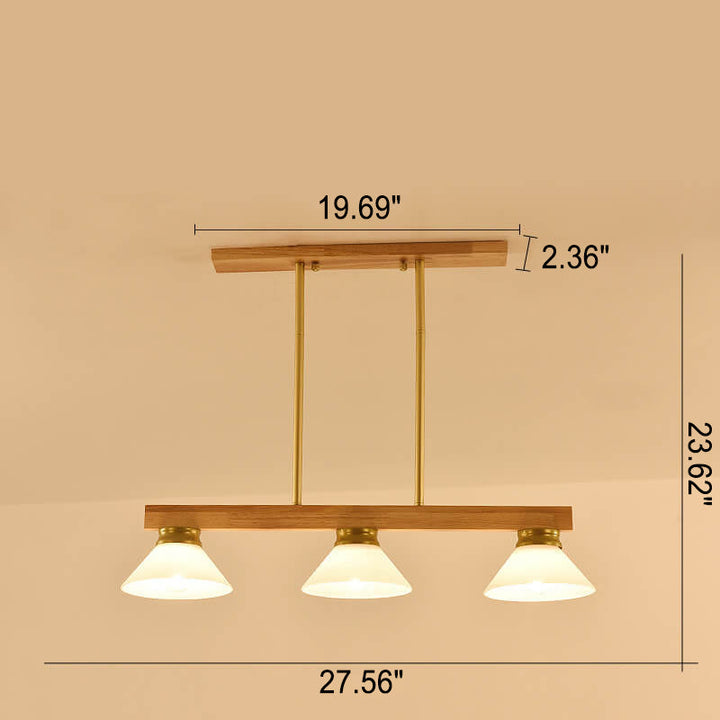 Lámpara de Araña de Isla de 3/4 Luces con Pantalla de Vidrio Cónica de Madera Maciza Nórdica 