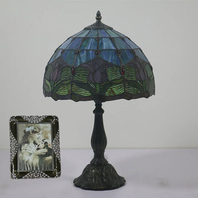 European Vintage Tulip Stained Glass Dome 1-Light Table Lamp