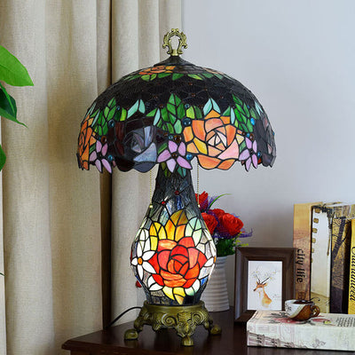 Tiffany Rustic Roses Stained Glass 3-Light Table Lamp