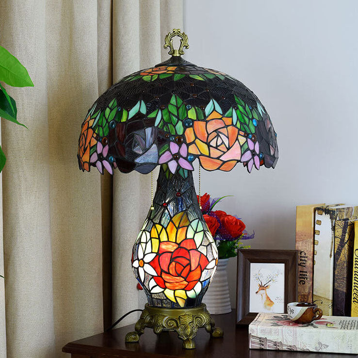 Tiffany Rustic Roses Stained Glass 3-Light Table Lamp