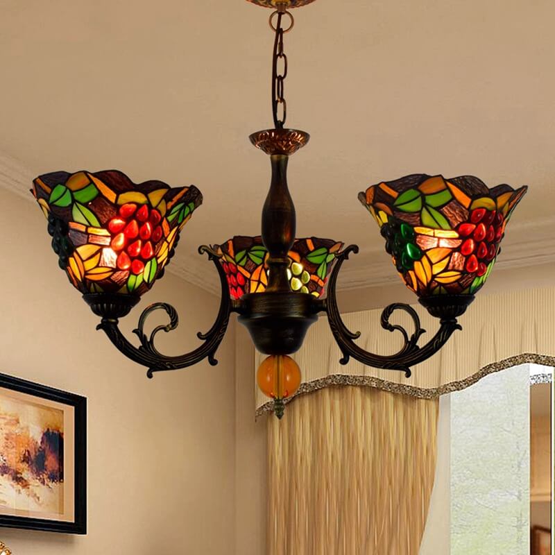 Tiffany Rustic Fruits Stained Glass 3-Light Chandelier