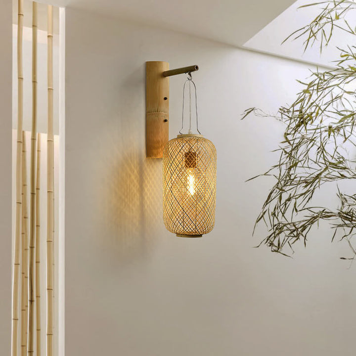 Moderne Bambusgeflecht-Säulenlaterne 1-Licht Wandleuchte 