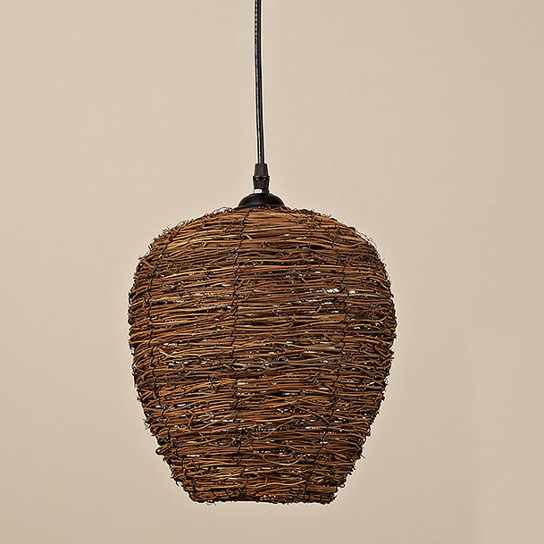 Suspension Luminaire à 1 Lumière en Rotin Rétro Tressé en Dôme 