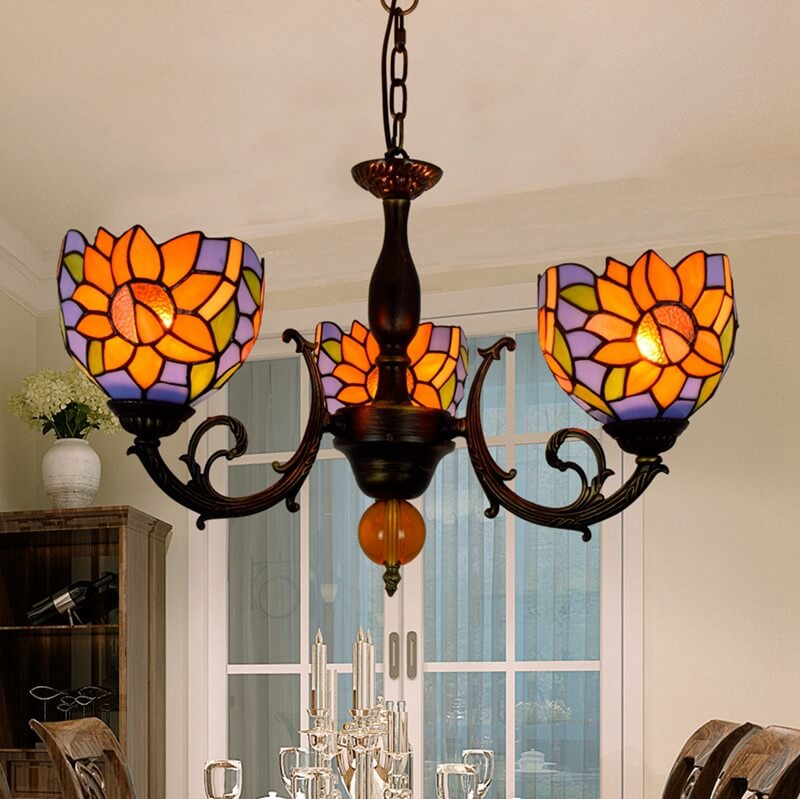 Tiffany Rustic Sunflower Stained Glass 3-Light Chandelier