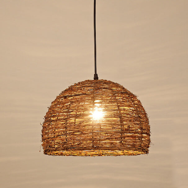 Suspension Luminaire à 1 Lumière en Rotin Rétro Tressé en Dôme 