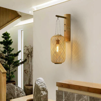 Modern Bamboo Weaving Column Lantern 1-Light  Wall Sconce Lamp