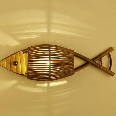 Traditional Rustic Bamboo Weaving Fish Shaped 1-Light Wall Sconce Lamp For Living Room &amp; Dining Room