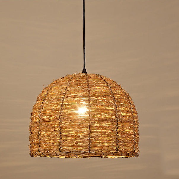 Suspension Luminaire à 1 Lumière en Rotin Rétro Tressé en Dôme 
