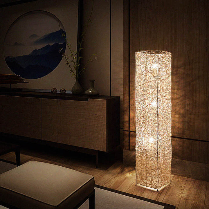 Modern Minimalist Iron Rattan Weaving Column Shaped 3-Light Standing Floor Lamp For Living Room &amp; Bedroom