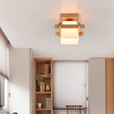 Modern Wooden Square Cube 1-Light Semi-Flush Mount Ceiling Light