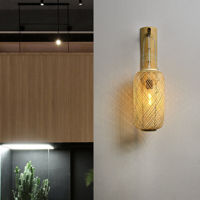 Moderne Bambusgeflecht-Säulenlaterne 1-Licht Wandleuchte 