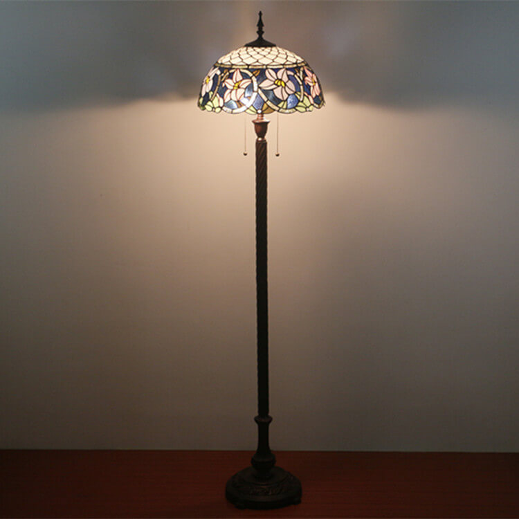 Vintage Tiffany Flower Blue Glass 2-Light Standing Floor Lamp