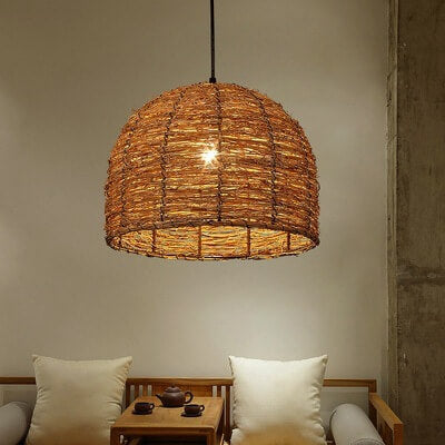 Suspension Luminaire à 1 Lumière en Rotin Rétro Tressé en Dôme 