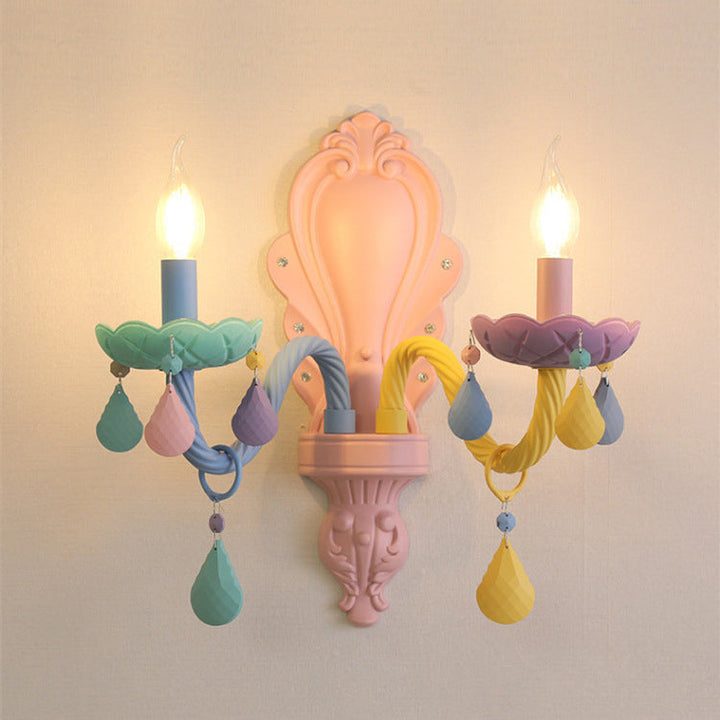 Contemporary Creative Iron Glass Crystal Macaron Candelabra 2-Light Wall Sconce Lamp For Living Room & Bedroom