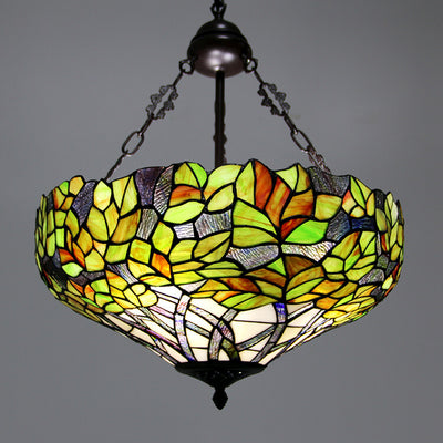 European Tiffany Flower Leaf Stained Glass 3-Light Chandelier