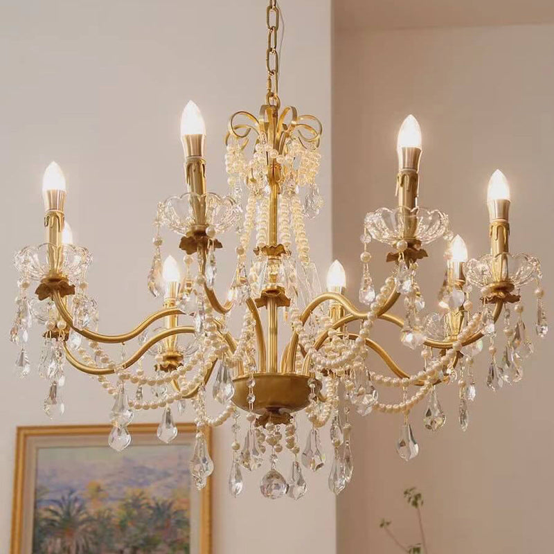 Modern Luxury Candelabra Pearl Crystal Brass 6/8 Light Chandelier