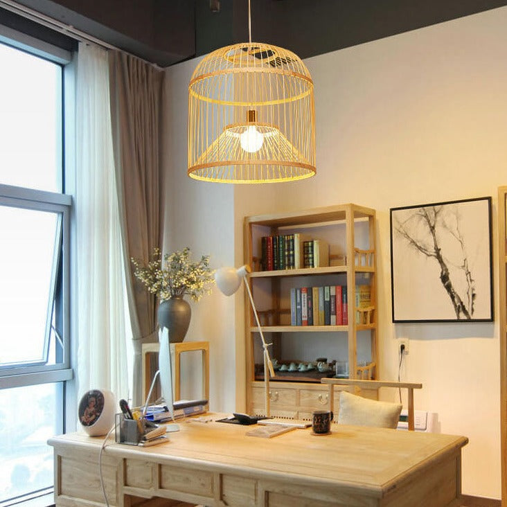 Moderne chinesische Bambusgeflecht-Vogelkäfig 1-Licht Pendelleuchte 