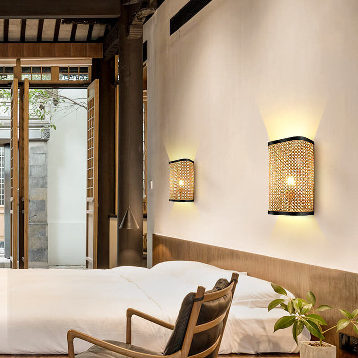 Minimalist Rattan Weaving Square 1-Light Wall Sconce Lamp