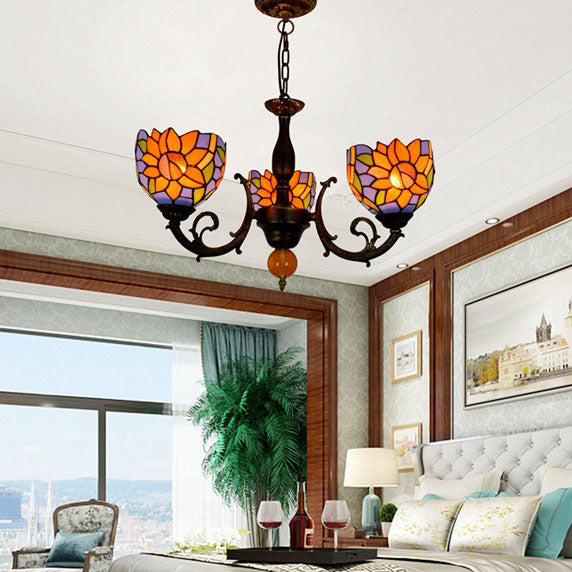 Tiffany Rustic Sunflower Stained Glass 3-Light Chandelier