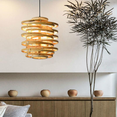 Modern Spiral Bamboo Weaving 1-Light Cylinder Pendant Light