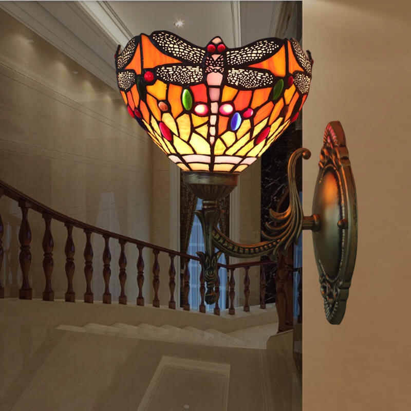 Lámpara de Aplique de Pared de 1 Luz con Vidrio de Libélula Retro Tiffany 