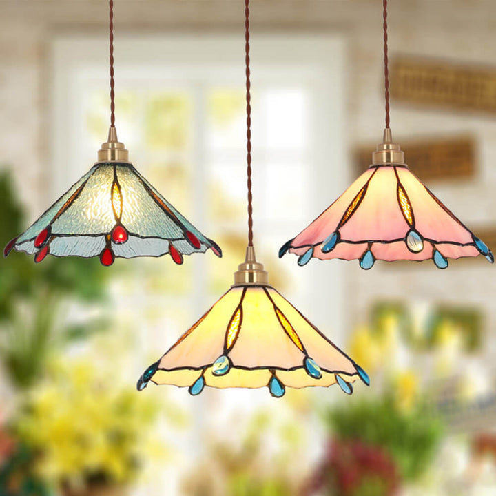 Lámpara colgante de 1 luz con forma de paraguas de vidrio teñido de Tiffany vintage 
