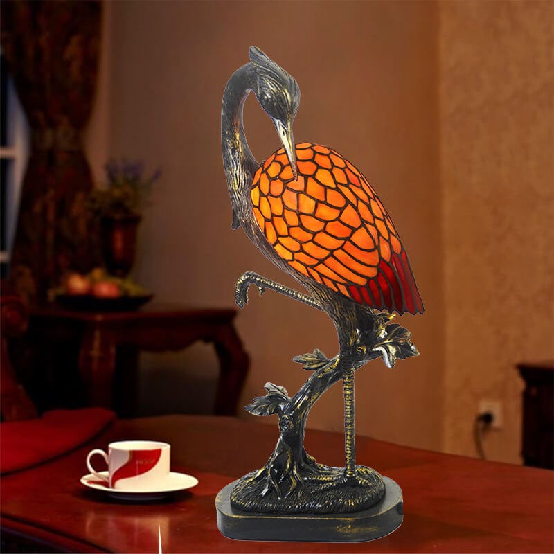 Vintage Tiffany Crane 1-Light Stained Glass Table Lamp