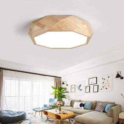 Modern Solid Wood Round Geometric LED Flush Mount Ceiling Light