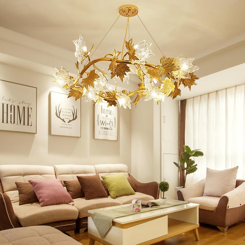 Moderner Ahornblatt Glas Aluminium 6-Licht Kronleuchter 