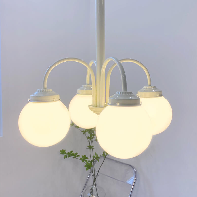 Araña de Luces de 4/6 en Vidrio Blanco Lechoso Vintage Francés 