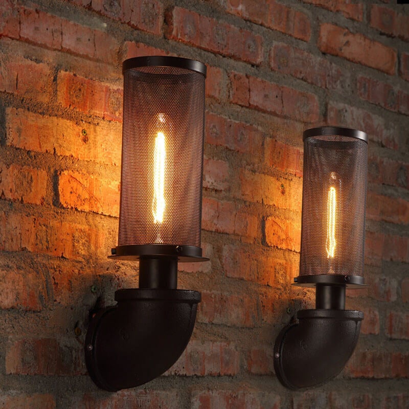 Industrial Vintage Cylinder Pipe Metal Mesh 1-Light Wall Sconce Lamp