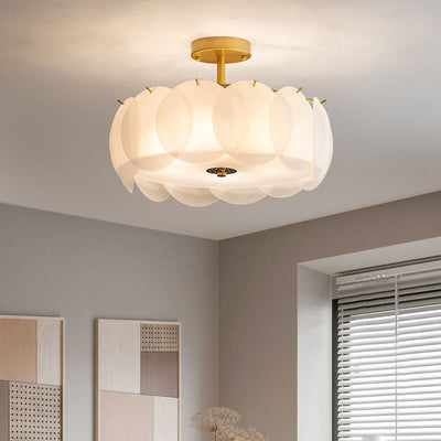 French Glass Round Drum 5/6 Light Semi-Flush Mount Ceiling Light