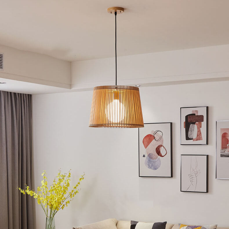 Modern Wood Bucket 1-Light Japanese Pendant Light