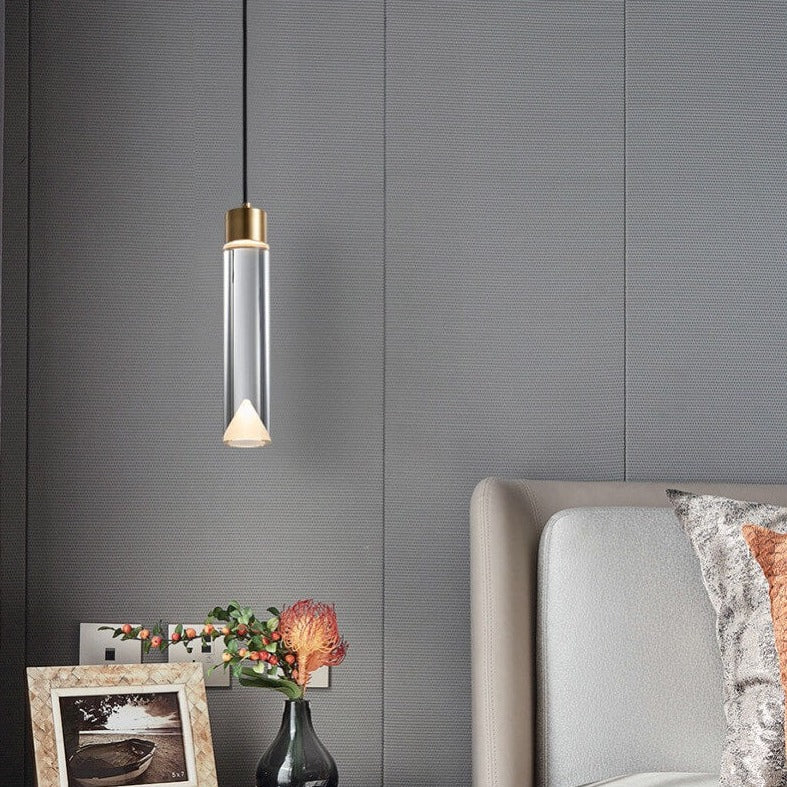 Moderne minimalistische kristallzylindrische Messing-LED-Pendelleuchte 