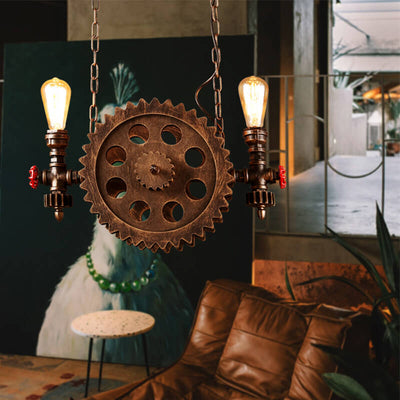 Industrial Gear Wheel Wrought Iron 2-Light Chandelier