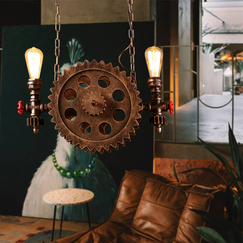 Industrial Gear Wheel Wrought Iron 2-Light Chandelier